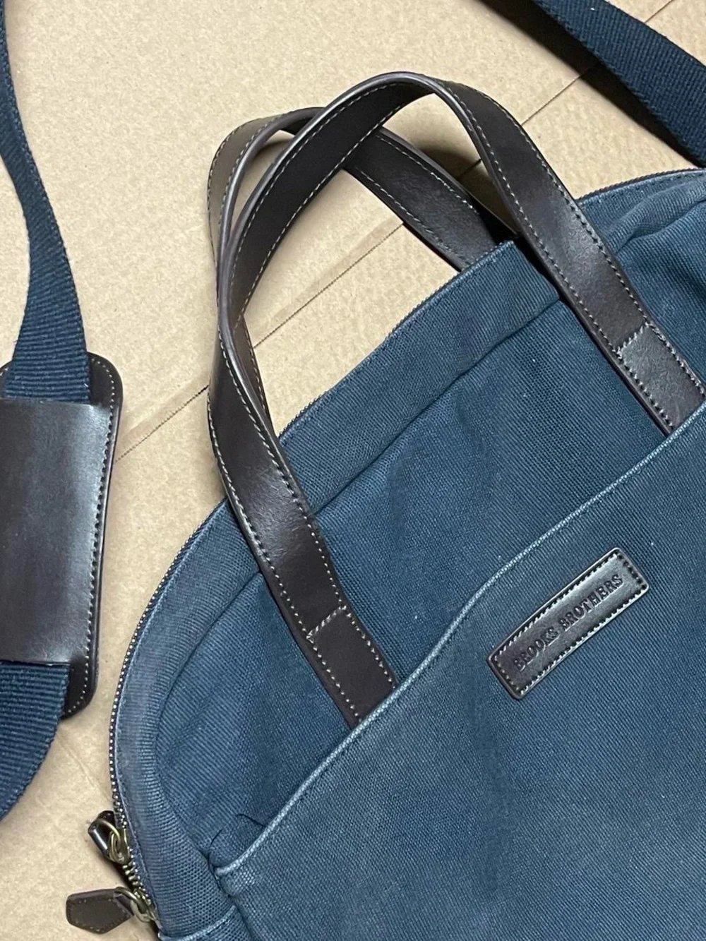 Brooks Brothers Briefcase Navy W/ Brown Leather Handles Canvas Bag Office
